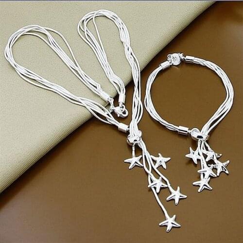 Top Quality Exquisite 925 Sterling Silver Five Stars Snake Chain Necklace Bracelet Jewelry Sets for Woman Gift