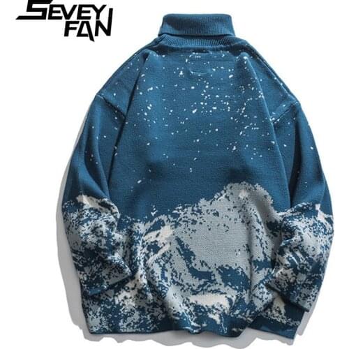 SEVEYFAN High Quality Mens Snow Mountain Turtleneck Jacquard Sweater Casual Thick Cotton Knitwear Pullover for Couples
