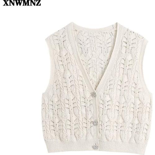 XNWMNZ NEW Women ZA Sweet Fashion With Bejewelled Buttons Knitted Vest Sweater Vintage Sleeveless Female Waistcoat Chic Tops