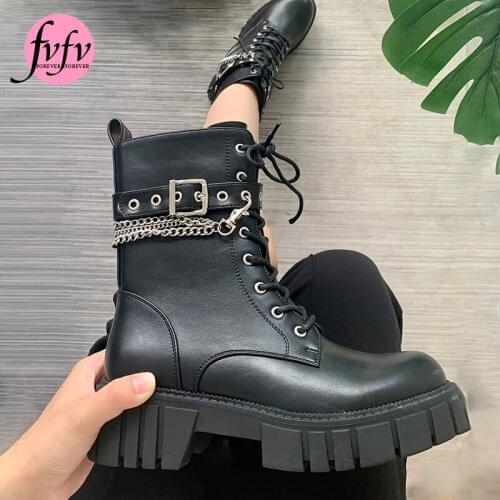 [FVFV]2021 AUTUMN hot sell fashion pu material Martin chain big yards of black womens boots sizes 36-41