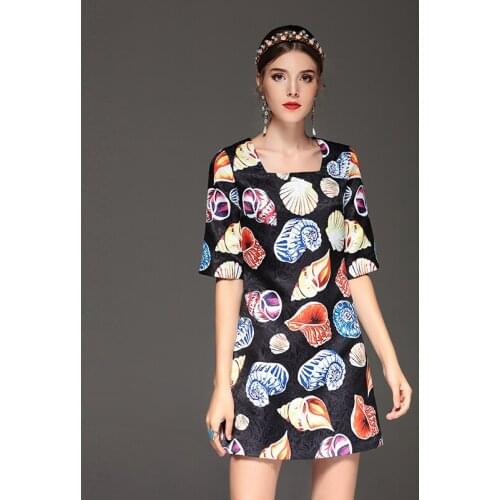 2020 Summer New Arrival Europe Fashion Casual A-Line Square Collar Half Sleeve Shell Print Elegant Above Knee Dress Women