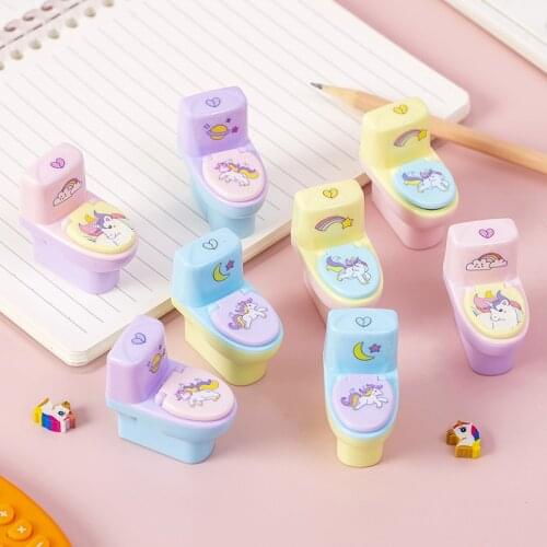 1 Pcs Stationery Creative Toilet Shape Cartoon Unicorn Pencil Sharpener With eraser Office Supply Gift Kawaii School Accessories