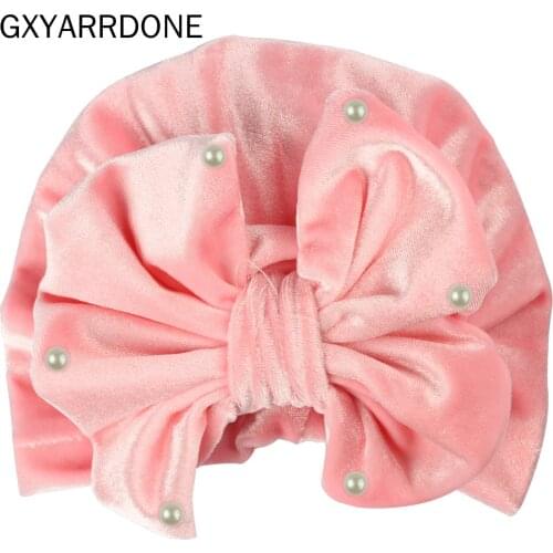10PCS/lot Wholesale Velvet Baby Hat Girls Big Bow Winter Pearls Turban Hat Photography Props Elastic Kids Beanie Cap Accessories