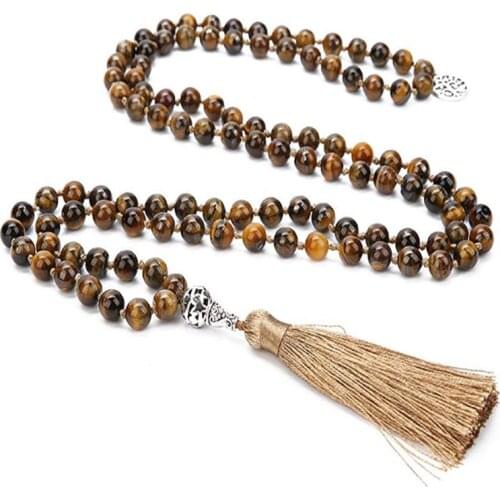 108 Natural Stone Japa Mala Beaded Knotted Necklace Meditation Yoga Prayer Charm Jewelry with Tree of Life Pendant