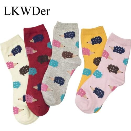LKWDer 5 Pairs Womens Socks Funny Happy Cartoon Hedgehog Pattern Socks Women Combed Cotton High Quality Sock Calcetines Mujer