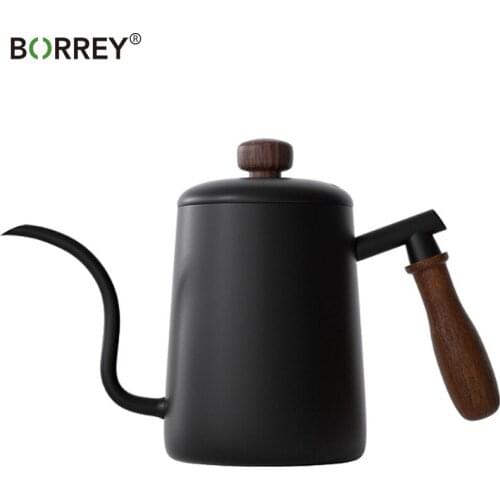 BORREY Drip Kettle600ml Coffee Tea Pot Non-stick Coating Food Grade Stainless Steel Gooseneck Wooden Handle Swan Neck Thin Mouth