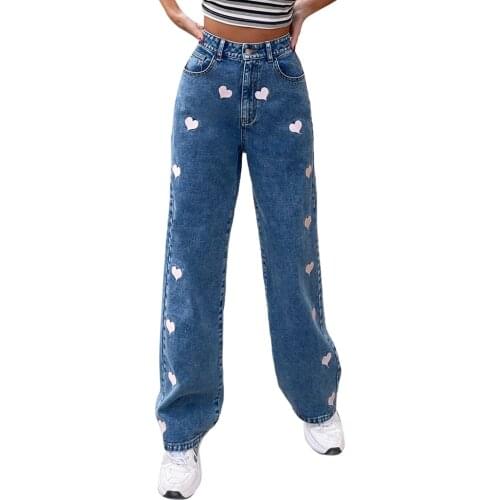 Heart Print Black Casual Jeans Pants for Women Straight High Waist Denim Long Trousers Ladies Harajuku Spring Autumn