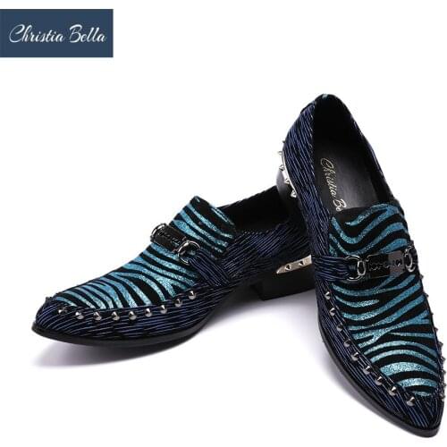 Christia Bella Luxury Fashion Blue Striped Mens Loafers Genuine Leather Metallic Slip On Classic Oxford Shoes for Men Flats