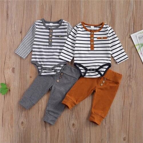 2 Pcs Babys Casual Suit Round Neck Long Sleeve Stripe Romper Solid Color Button Decoration Loose Trousers