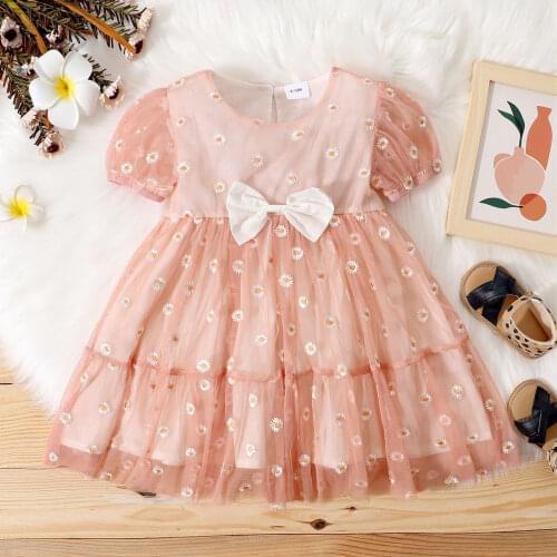 Children Baby Girl Mesh Yarn A-line Dress Sweet Puff Sleeve Dress Princess Lovely Party Dress Toddler Little Daisy Bow Dress