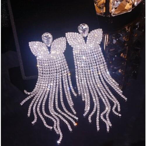 Elegant Female Rhinestone Crystal Drop Dangle Earrings Silver Color Tassel Long Earrings for Women Wedding Big Earrings Jewelry