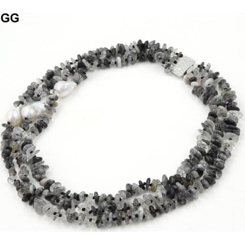 GuaiGuai Jewelry 3 Strands 21''-24" Rutilated Quartzs White Keshi Pearl Necklace For Women