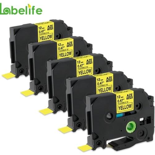 Labelife 5 Pack 12mm TZe-FX631 Flexible Black on Yellow P-touch Tape TZ-FX631 TZeFX631 FX631 Compatible Brother Label Printer