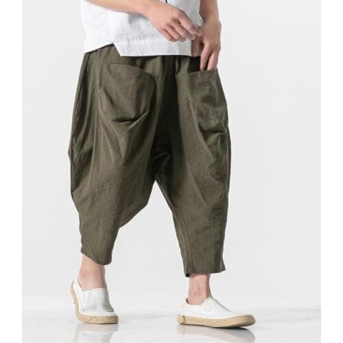 2021 Men Linen Pants Mens Wide Crotch Harem Pants Man Cotton Chinese Style Ankle-Length Pants Male Wide-Legged Bloomers Trousers
