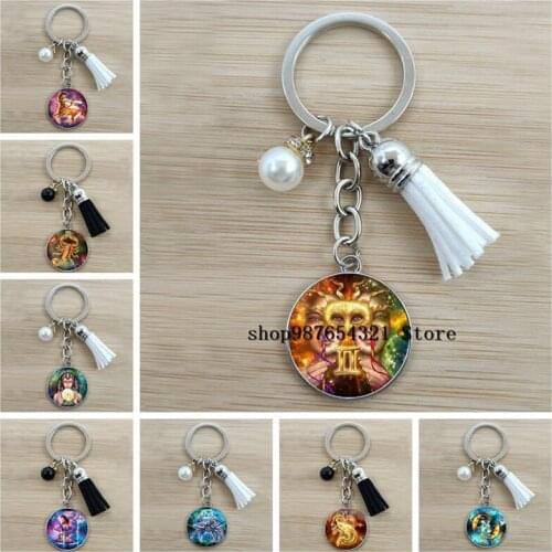 New handmade 12 constellation keychain fashion glass cabochon keychain zodiac jewelry men and women birthday gifts