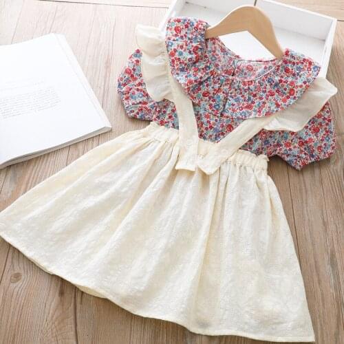 Summer New Floral Lapel Shirt Short Suspenders Skirt Bib Dress Suit Korean Fashion Two-piece Baby Girls Clothes Sets Cotton Kids