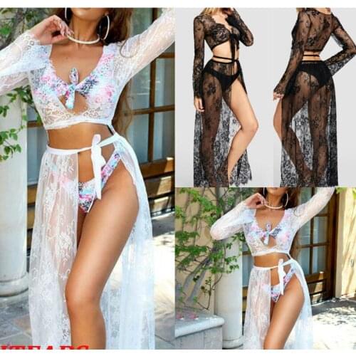 Beach Maxi Wrap Sarong Pareo Solid Color Cover Up Sexy Womens Fashion V Neck Bikini Cover Up Summer Mesh Lace Swimwear Sheer