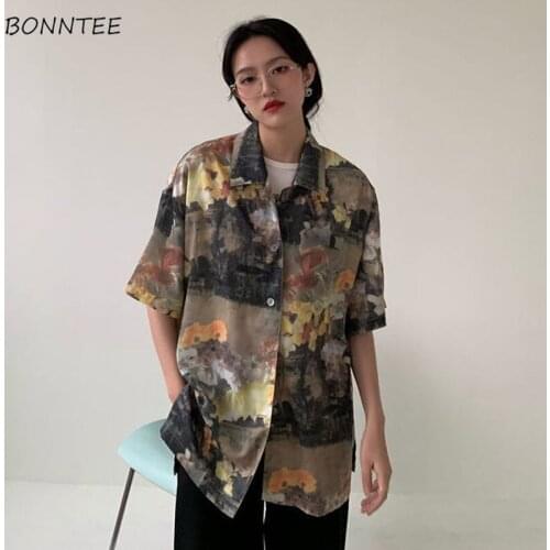 Shirts Women Vintage Painting-print Short Sleeve Baggy Thin Comfort Turn-down Collar Fashion Streetwear Japanese Style Girl Tops