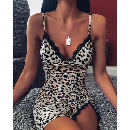 Sexy Womens Leopard print Lace Sleeveless V neck Bodycon Evening Party Short Mini Bandage Split Slit Dress