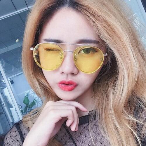 Fashion Sunglasses Round New Female Alloy Frame Colorful Sunglasses Clear Mirror Yellow Lens Women Brand Design Oculos De Sol