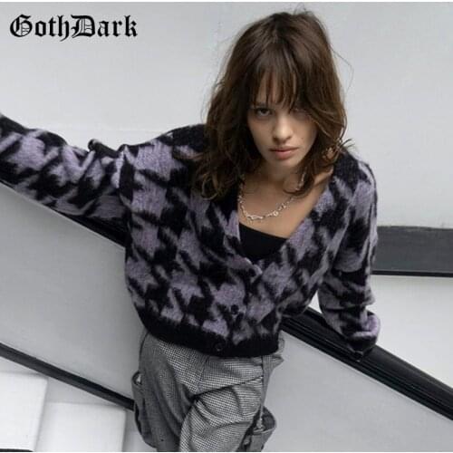 Goth Dark Gothic Loose Houndstooth E-girl Cardigans Punk Fashion Color Blocking Long Sleeve Sweaters Winter Streetwear Jumpers