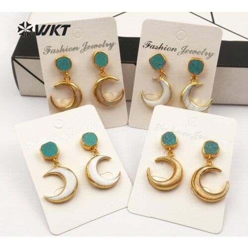 WT-E428 Hotsale Women Beautiful White Shell Earrings Crescent Moon Earrings with Green Howlite Stone for sexy girl Jewelry