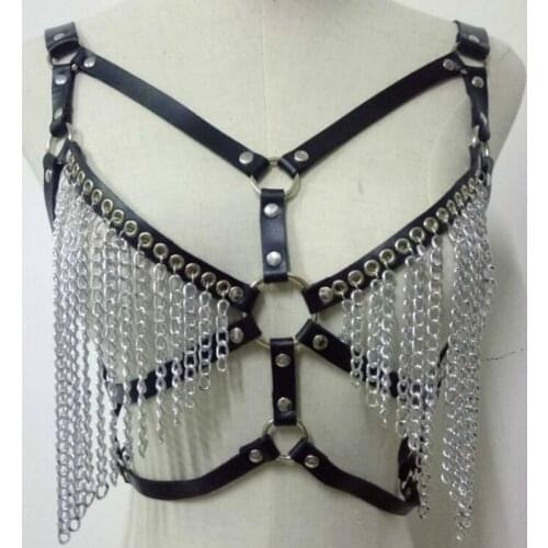 Woman Leather Harness with Chain Punk Style Bondage Gear Bra Belts Sexy Lingerie Body Bondage Caged Gothic Bra Garters Sex Toy