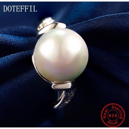 DOTEFFIL 925 Sterling Silve Round 10mm Pearl Rings For Women Engagement Party Wedding Jewelry