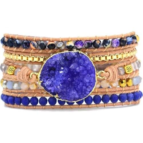 2019 Unique Mixed Natural Stones Crystal Quartz Charm 5 Strands Wrap Bracelets Handmade Boho Bracelet Women Leather Bracelet