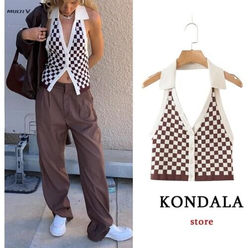 KONDALA Za 2021 Women Chic Plaid Sexy Backless Slim Girls Cardigans V Neck Sleeveless Streetwear Stylish Blouses High Street Top