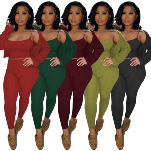 2021 Autumn Women Sexy Three Piece Sets Fashion High Waist Skinny Pencil Pants Spaghetti Strap Vest + Full Sleeve Coats Outfits