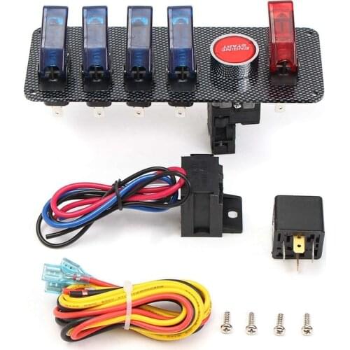 12V Toggle Switch Panel 6 in 1 LED Racing Car Ignition Switch Engine Start On/Off Push, Carbon Fiber