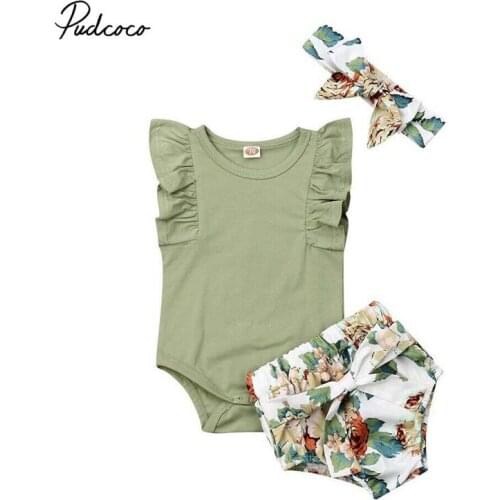 2019 Brand Newborn Infant Baby Girls Clothes Ruffle Sleeve Romper Solid Tops Bow Floral PP Shorts Outfit 3Pcs Childres Set Cute