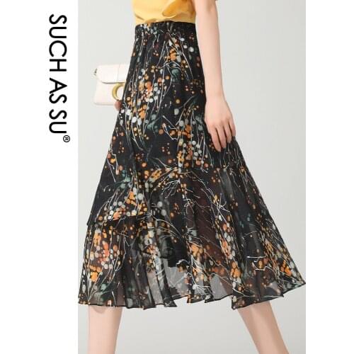 Asymmetry WomenS Summer Skirts 2021 White Yellow Print Chiffon Mermaid Skirt High Waist Ruffle Skirt S-3XL Size Slim Femal