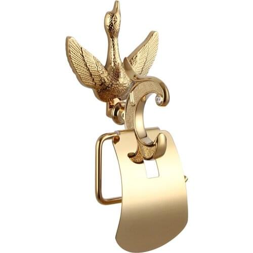 FREE SHIPPING Swan style Gold Pvd roll holder with cover Crystal toilet paper holder New