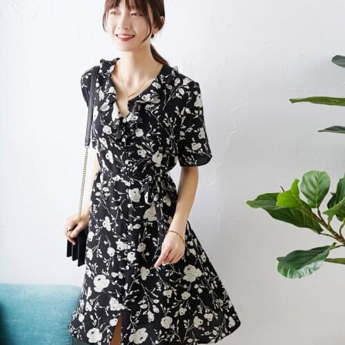 Flower New silk Rose silk printed V neck Ruffle short sleeve