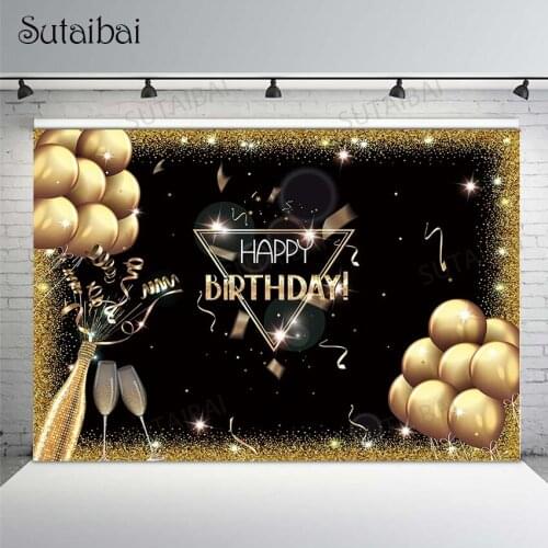 Happy Birthday Theme Party Backdrops Gold Glitter Balloons Champagne Black Graduation Photography Background Photo Studio Props