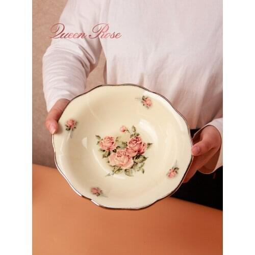 Ceramic Curry plate deep plate gilt edged tableware bowl Rose printing