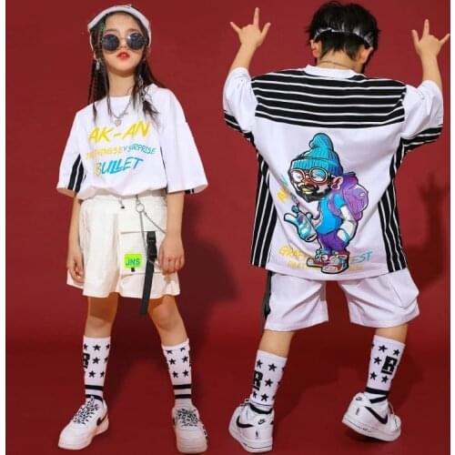 White Jazz Dance Costume Kids Hip Hop Practice Wear Street Dance Printing Stage Performance Clothing Hiphop Rave Clothes 2021