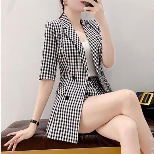 Summer Fashion Women Plaid Blazer Shorts Suit Double Breasted Notched Office Lady Temperament Two Piece Short Sleeve Blazer Set