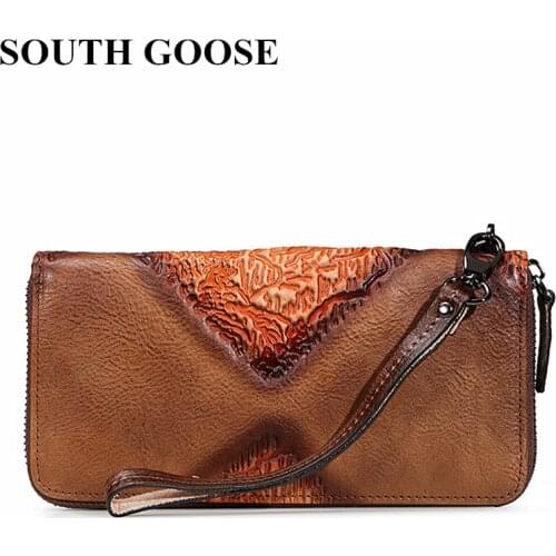 SOUTH GOOSE Genuine Leather Wallet Mens Multi-Card Bit Long Wallet High Quality Clutch Handy Bag Women Coin Purses Money Bag