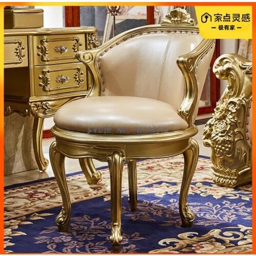 European-style backrest dressing stool bedroom makeup stool full solid wood carved champagne gold dressing table dressing table