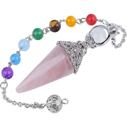 Silver Plated Hexagon Pyramid Rose Pink Quartz Pendant Healing Chakra Tiger Eye Stone Jewelry