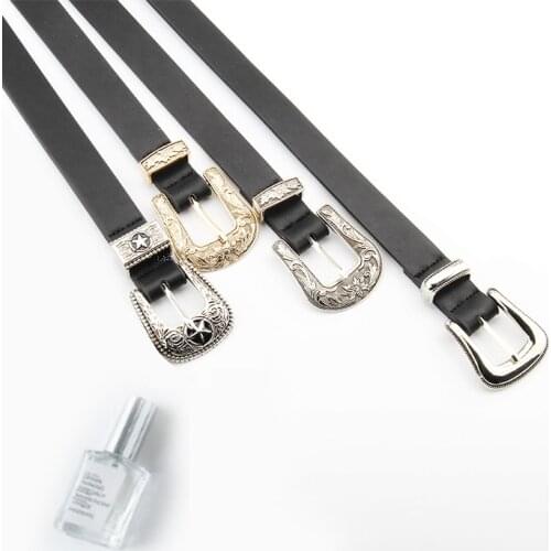 Vintage Boho Black Leather Waist Belt For Women Western Female Belt Cowboy Waistband