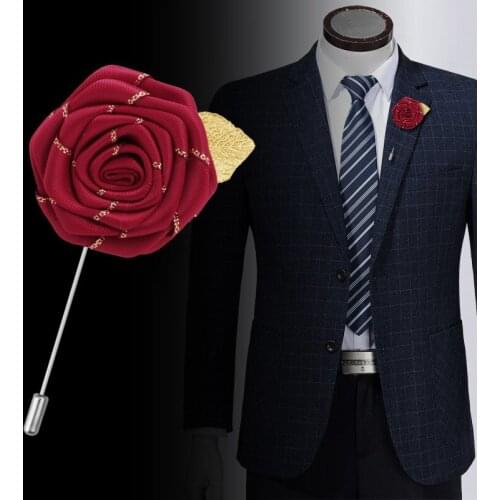 Handmade Mens Suit Gold Leaves Fabric Rose Flower Brooch Jewelry Luxury Collar Lapel Corsage Long Needle Pins Men Accessories