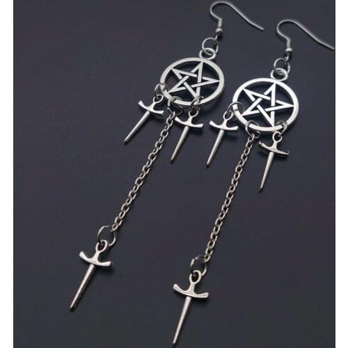 Pentagram Swords Earrings Silver Plated Huggie Hoops Dangle Witchy Jewelry Pagan Wiccan Tarot Gothic Emo Women Gift