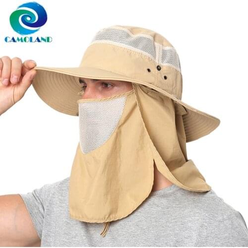 CAMOLAND Autumn UV Protection Sun Hats With Face Neck Flap Women Men Breathable Mesh Bucket Hats Male Outdoor Hiking Fishing Cap