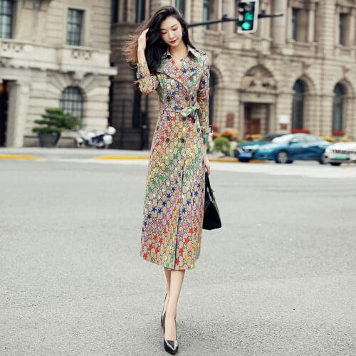 Women Trench Coat Casual Long Outerwear Star Printed Overcoat Autumn Fashion England Style Double-breasted Windbreaker Femme