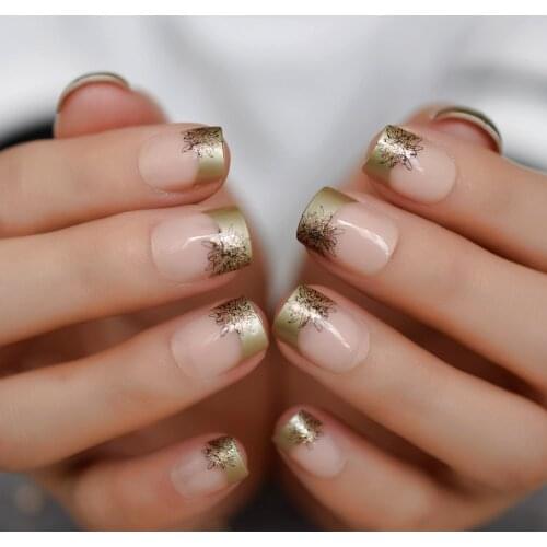 Pattern French Nails Nude Square Short Nails Gold Flower texture Nail Modern UV Gel Acrylic Tips