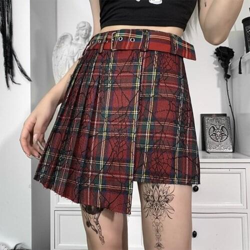 Ruibbit Y2K Vintage Red Plaid Skirt Streetwear Goth Belt High Waist Pleated Mini Skirts Harajuku Punk Lace Patchwork Girl Skirt